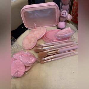 Pink Cosmetic Wash/ Travel Bag with Cosmetic Brushes Foundation sponges & So On